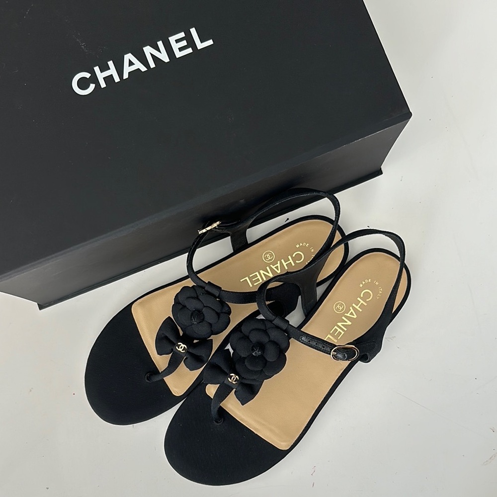 Chanel Black Sandals with Floral Detail